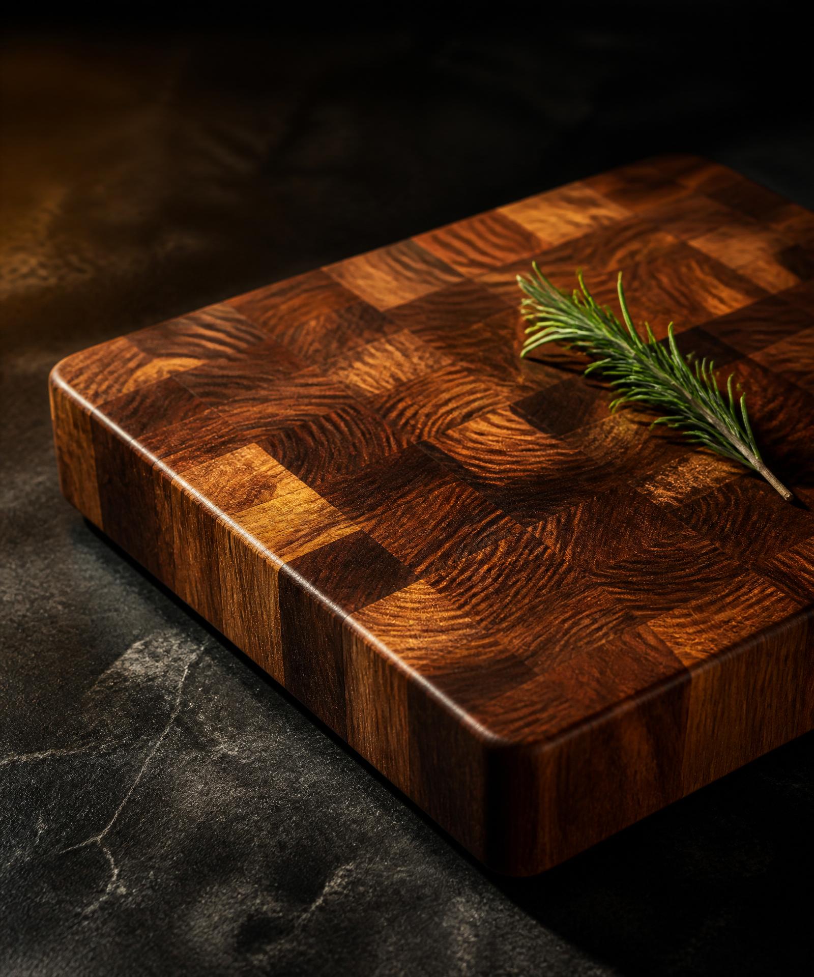 Walnut end-grain cutting board catching warm directional light
